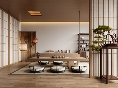 Japanese Tea Room Interior With Shoji Screens Wooden Flooring Tatami Cushions And Tea Table 3d model
