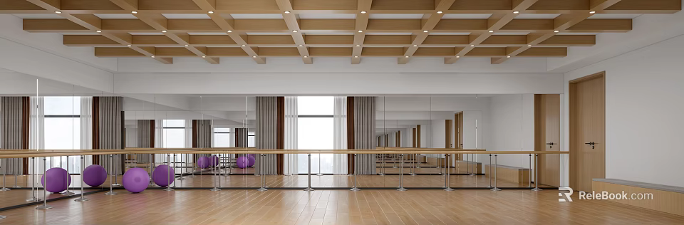 Spacious Dance Studio With Mirrors And Ballet Barres 3d model