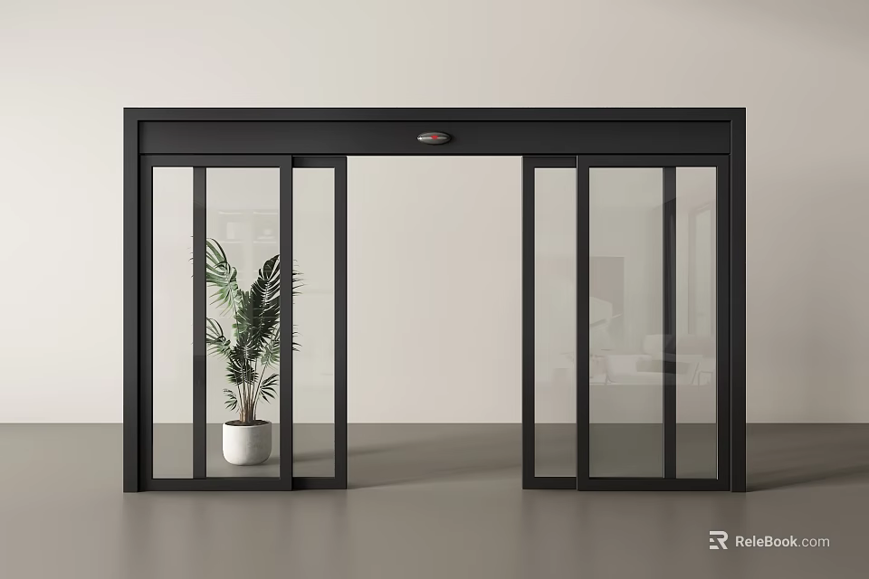 Modern Interior Sliding Door With Black Frame And Glass Panels Near Green Plant 3d model 
