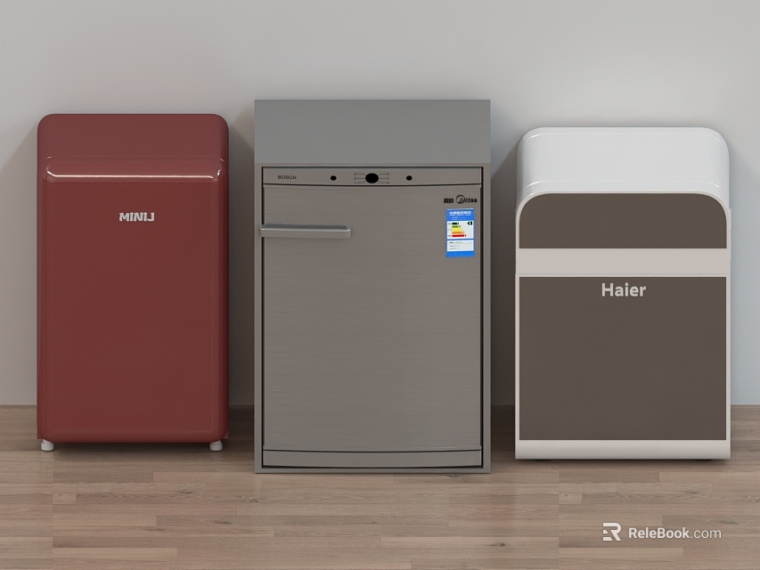 Three Modern Compact Refrigerators In Red Gray White For Home Use From Midea Haier 3d model 