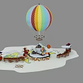 Vibrant Colorful Hot Air Balloon Art Installation With Detailed Surrounding Buildings And Decorative Umbrella Elements