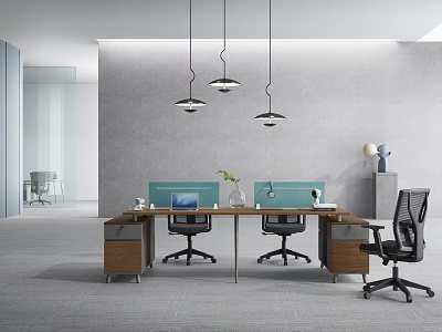 Modern Office Workstations With Wooden Desks Computers Ergonomic Chairs Hanging Lights Grey Walls Glass Partitions 3d model
