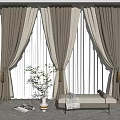 Beige Curtains With White Sheer Panels In Elegant Room With Bench And Plant