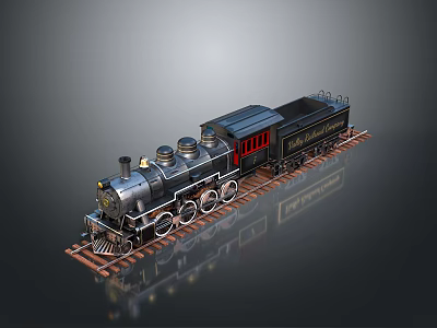 Vintage Black Steam Train Model On Railway Track With Red Accents And Wheels 3d model