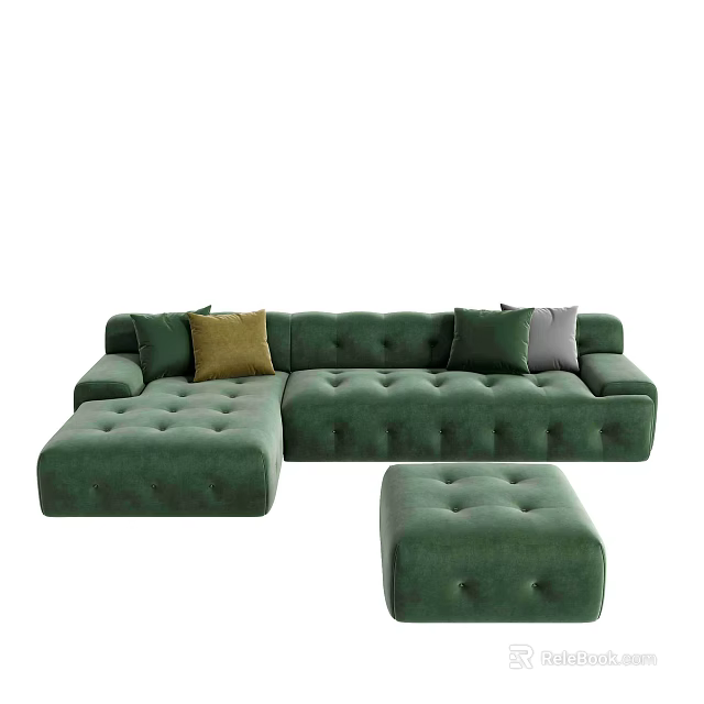 Green Velvet Sectional Sofa With Tufted Design Decorative Pillows And Ottoman 3d model