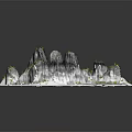 Traditional Chinese Ink Landscape Scene With Tall Mountains Scattered Trees Stone Bridge And Flowing River