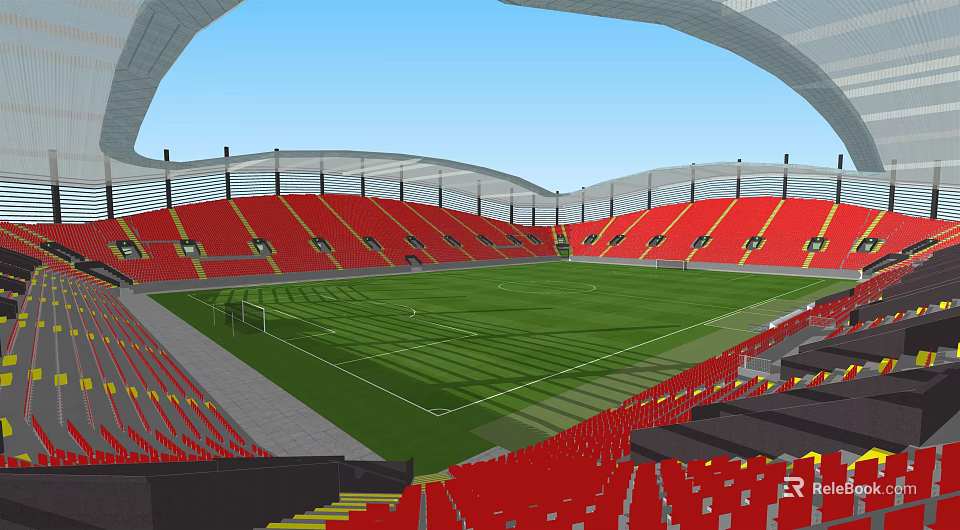 Modern Sports Stadium Featuring Green Football Turf Red Seats And Arch Roof Structure 3d model 