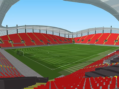 Modern Sports Stadium Featuring Green Football Turf Red Seats And Arch Roof Structure 3d model