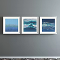 Three White Framed Abstract Paintings With Blue Tones Vertical Lines And Wave Patterns On Gray Wall 3d model