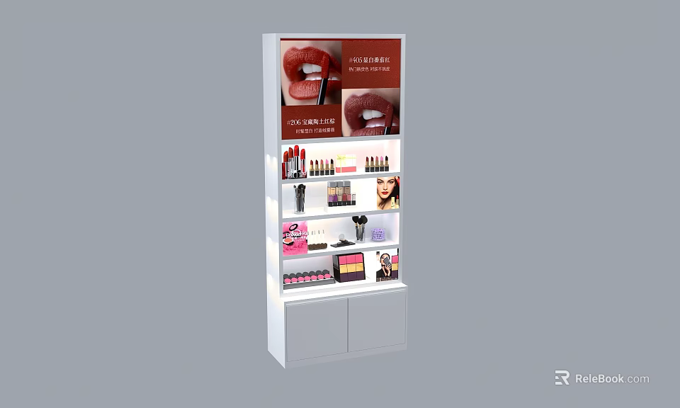 Cosmetic Display Shelf with Illuminated Multiple Shelves for Lipsticks Cosmetics and Top Advertising Banner 3d model 