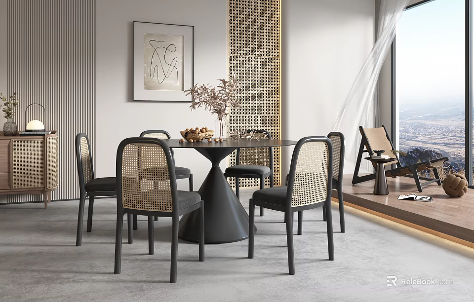 Modern Dining Table Set Featuring Round Black Table Woven Backrest Chairs And Scenic View 3d model
