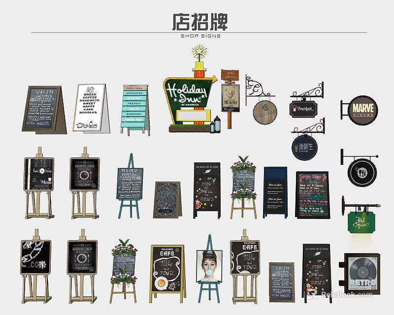 Different Types of Store Signs Including Chalkboard Wooden and Decorative Designs 3d model 