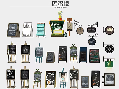Different Types of Store Signs Including Chalkboard Wooden and Decorative Designs 3d model