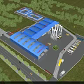 Modern Industrial Factory Plant With Blue Roof Structure Surrounded by Green Trees and Parking Area