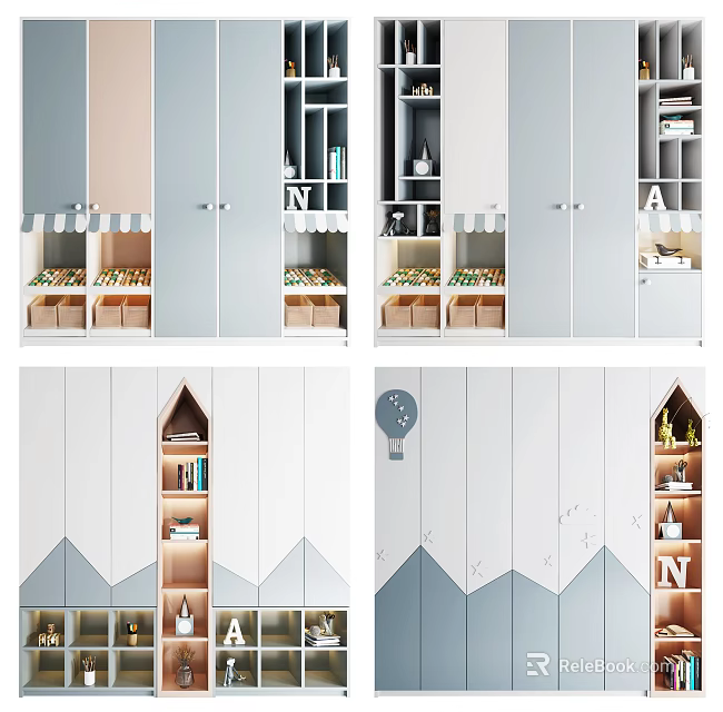 Modern Kids Wardrobe Design With Colorful Sections Shelves And Decorative Patterns 3d model 