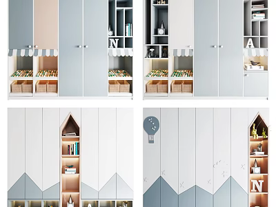 Modern Kids Wardrobe Design With Colorful Sections Shelves And Decorative Patterns 3d model