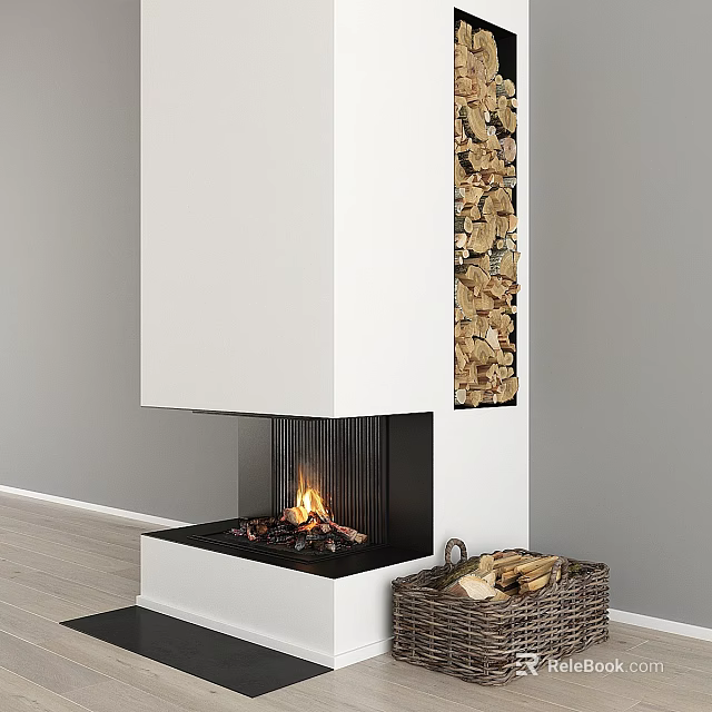 Modern White Fireplace Interior With Burning Fire And Firewood Storage Basket 3d model 