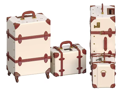Vintage Cream White Suitcases With Red Leather Straps And Various Sizes 3d model