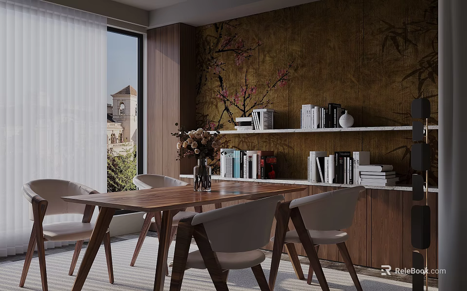 Modern Restaurant Interior With Wooden Dining Table Chairs Plum Blossom Wall Bookshelves And Decorations 3d model 