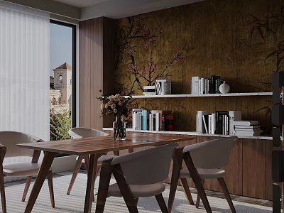 Modern Restaurant Interior With Wooden Dining Table Chairs Plum Blossom Wall Bookshelves And Decorations 3d model