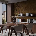 Modern Restaurant Interior With Wooden Dining Table Chairs Plum Blossom Wall Bookshelves And Decorations