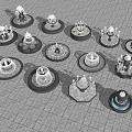 Various Decorative Fountain Models Arranged on Grid Pattern Gray Ground Surface