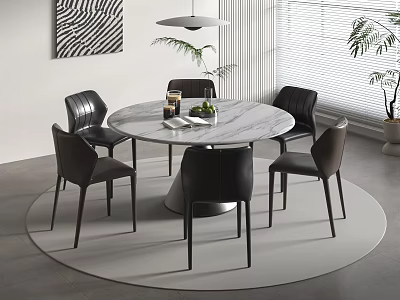 Modern Round Dining Table with Marble Top Black Leather Chairs Rug Pendant Light Potted Plant 3d model