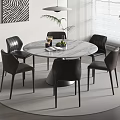 Modern Round Dining Table with Marble Top Black Leather Chairs Rug Pendant Light Potted Plant