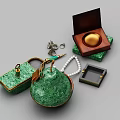 Luxury Jewelry Collection Featuring Green Gemstone Boxes Pearl Necklace Rings And Magnifying Glass