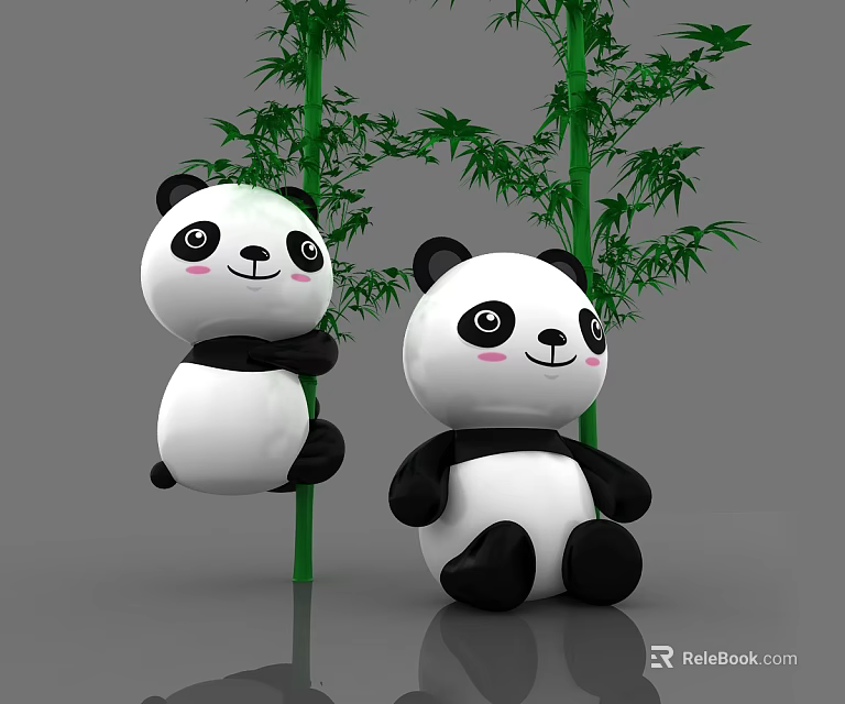 Cute Panda Figurines Playing With Green Bamboo Trees On Gray Surface 3d model 