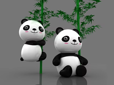 Cute Panda Figurines Playing With Green Bamboo Trees On Gray Surface 3d model