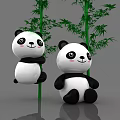 Cute Panda Figurines Playing With Green Bamboo Trees On Gray Surface 3d model