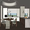 Elegant Modern Restaurant Dining Area With Wooden Table White Chairs Pendant Lights And Marble Island