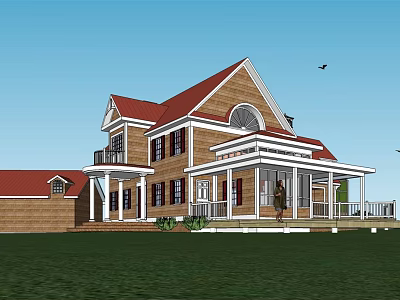 Single Family Home With Red Roof Brown Exterior And Front Porch On Green Lawn 3d model