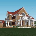 Single Family Home With Red Roof Brown Exterior And Front Porch On Green Lawn