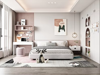 Cozy Kids Room Interior With Soft Color Tones Bed Bookshelf Desk And Storage Cabinets 3d model