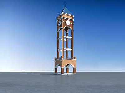 Brown and White Clock Tower with Blue Spire and Arched Base Against Blue Sky 3d model