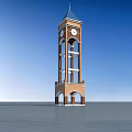 Brown and White Clock Tower with Blue Spire and Arched Base Against Blue Sky