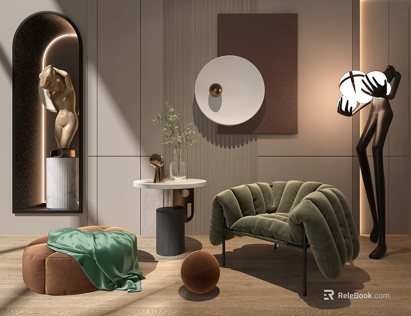 Elegant Green Velvet Single Sofa With Floor Lamp Round Mirror And Side Table 3d model