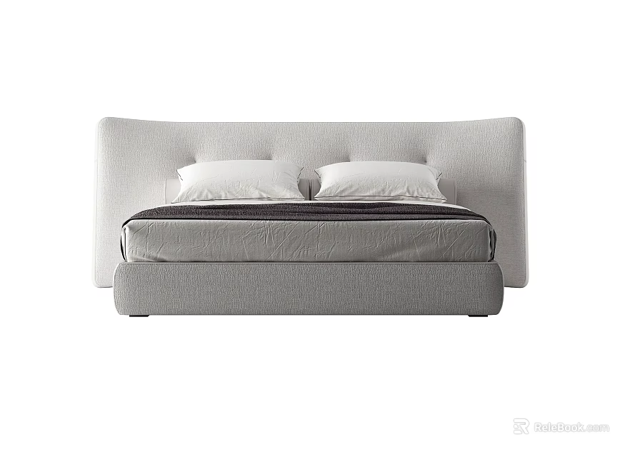 Modern Double Bed With Wide Gray Headboard Dark Mattress And White Pillows 3d model 