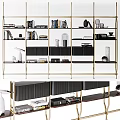 Modern Gold Metal Frame Black Storage Shelves With Books Decorative Vases And Ornaments