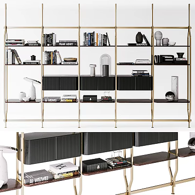 Modern Gold Metal Frame Black Storage Shelves With Books Decorative Vases And Ornaments 3d model
