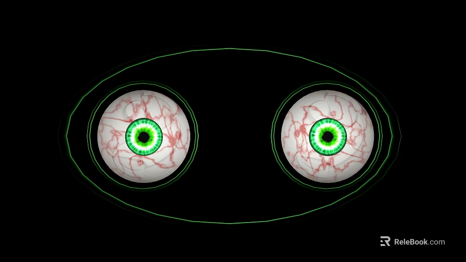 Green Outlined Human Eyes With Red Blood Vessels And Green Pupils On Black Background 3d model 