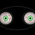 Green Outlined Human Eyes With Red Blood Vessels And Green Pupils On Black Background