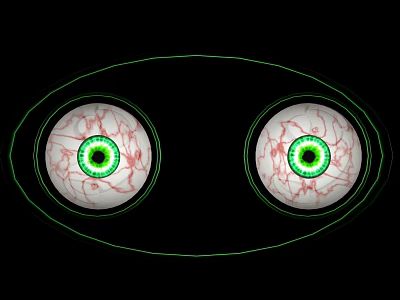 Green Outlined Human Eyes With Red Blood Vessels And Green Pupils On Black Background 3d model