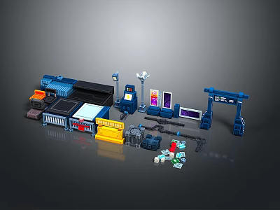 Modular Toy Construction Kit Featuring Blue Arches Yellow Boxes Street Lamps And Control Panels 3d model