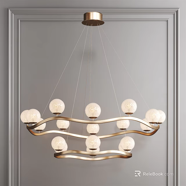 Modern Chandelier With Spherical Bulbs And Golden Curved Frame Hanging In Gray Wall Interior 3d model 