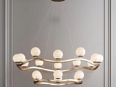 Modern Chandelier With Spherical Bulbs And Golden Curved Frame Hanging In Gray Wall Interior 3d model