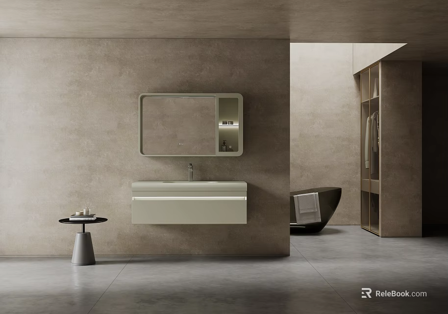 Modern Bathroom Washbasin Vanity With Wall Mirror Small Shelf Against Minimalist Concrete Wall And Small Stool 3d model 