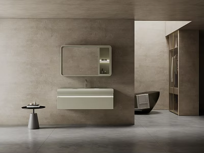 Modern Bathroom Washbasin Vanity With Wall Mirror Small Shelf Against Minimalist Concrete Wall And Small Stool 3d model